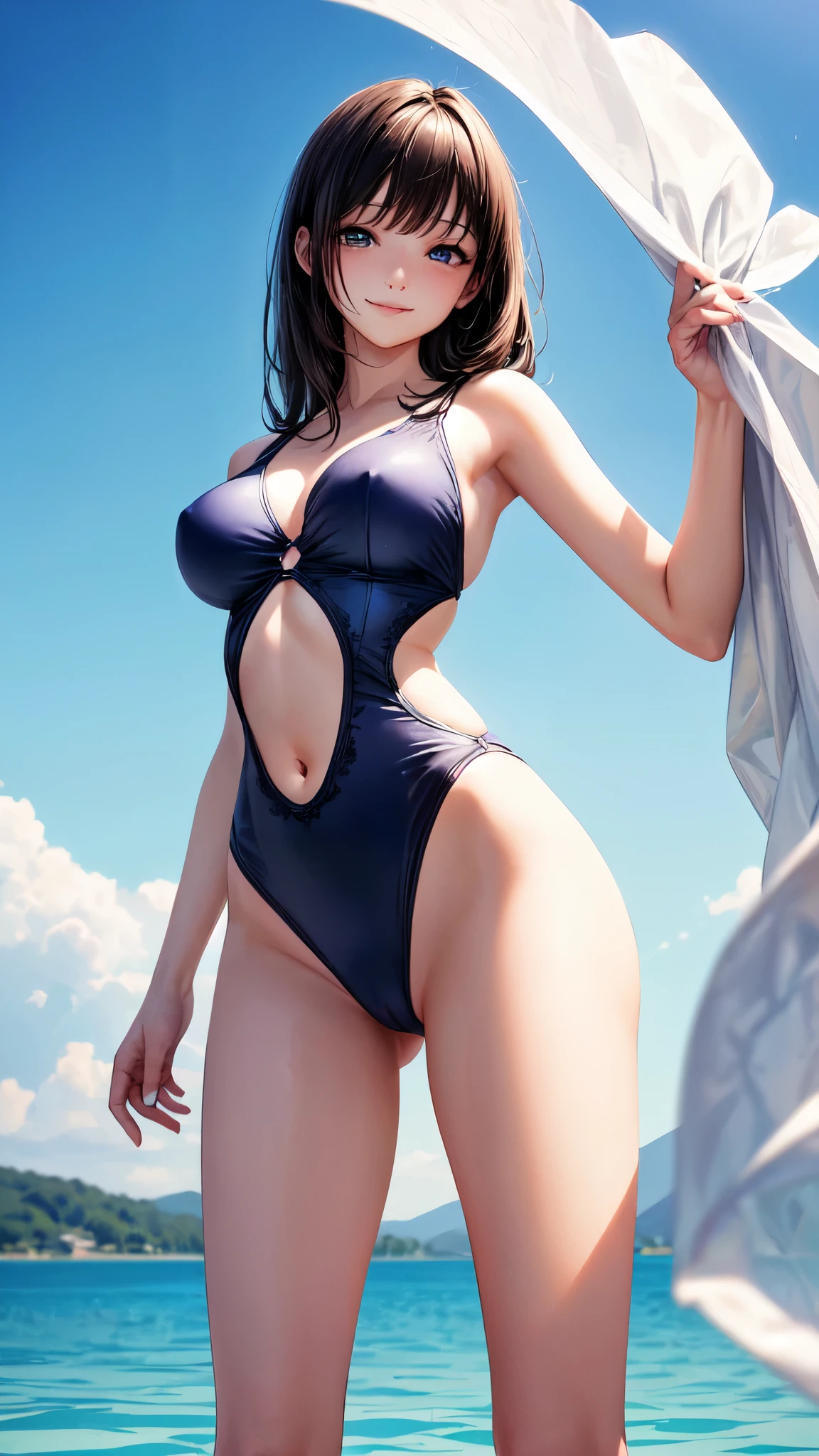 ((masterpiece,best quality,ultra detailed,high resolution)),(daytime,clear weather,bloom),looking viewer,((solo,beautiful-girl)),(black hair,straight hair),(beautiful detailed face,beautiful detailed eyes),(finely detailed skin,fair skin),slender,smile,(swimsuit,impossible clothes),(on the beautiful lake,beautiful sky),((cowboy shot)),(medium ,perky breastm hip),((cameltoe)),from brhind,