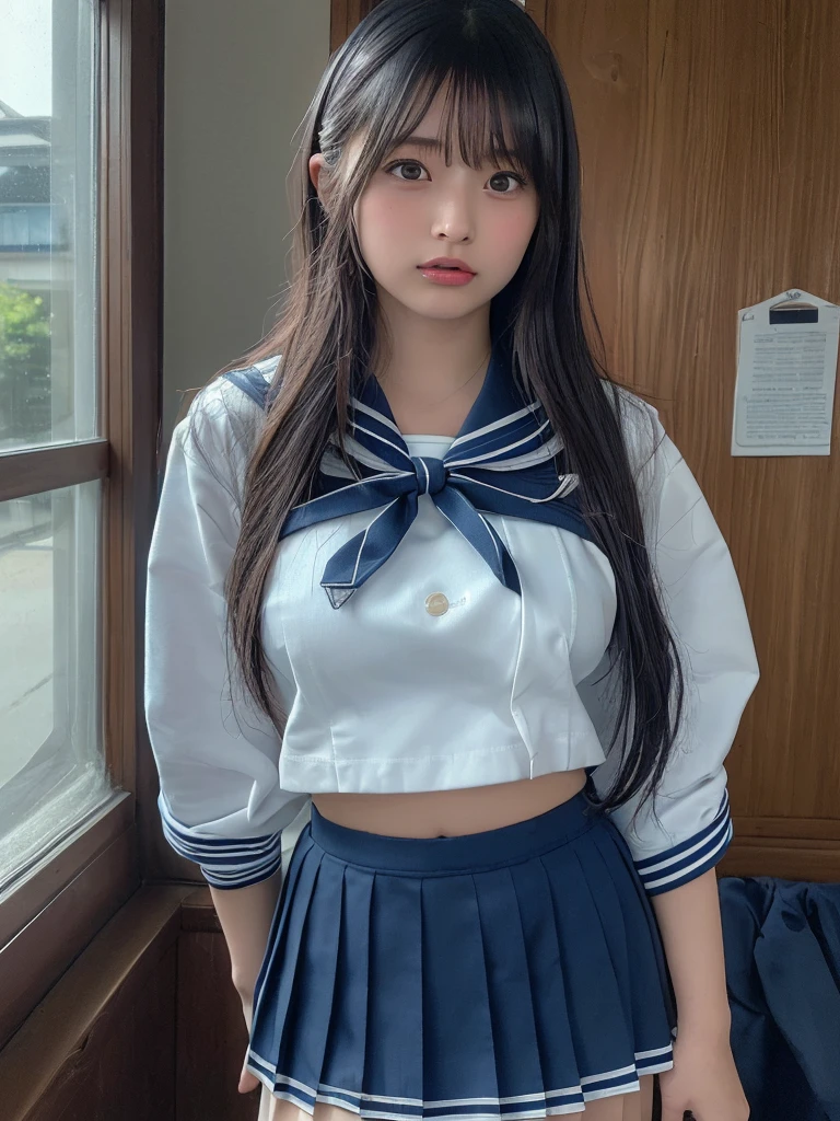 (Highest quality:1.4),(masterpiece:1.4),(Realistic:1.4),(Realistic:1.2),(超High resolution, RAW Photos:1.4),(High resolution, Very detailed:1.2),(8k:1.2),photograph,a photo of a dark-haired,One Girl,alone,,nipple,naked,((school uniform, Sailor suit, Navy blue and white traditional Japanese style, Fine ribbon and pleated skirt)),((Big Breasts)),((Upper Body:1.3))
