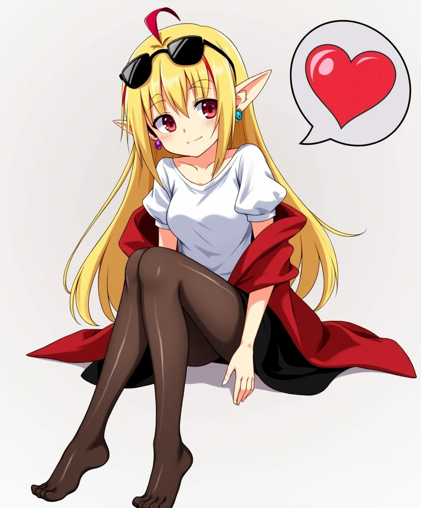 best quality, masterpiece, high resolution, alone, {flandre_scarlet_touhou:1.15}, long blonde hair with red streaks at the tips, big red eyes, small elf ear and a ruby colored earring in her left ear, bangs with a red streak in the middle, sunglasses on her head, one side up, flirtatious smile, blush, smile, white headdress, a light white short-sleeved blouse on the upper part of the body, hair between the eyes, a red coat overlaid between her wrists, bottom a very sexy black skirt, thick thighs, pronounced hips, the girl is slim, blushing cheeks, long straight hair, white skinned girl, 1 girl, looking at the viewer smiling flirtatiously, sexy black skirt, light blouse, short sleeves, simple background, the girl is sitting crossing her left leg flirtatiously, she has black nylon stockings that are a little transparent that reach her knee, white background, white shirt, ruffles, long hair, cleavageless shirt, super tiny girl, un globo de texto con un corazón rojo, the girl has not hat, super tiny tits, flirting smile, super tiny tits.