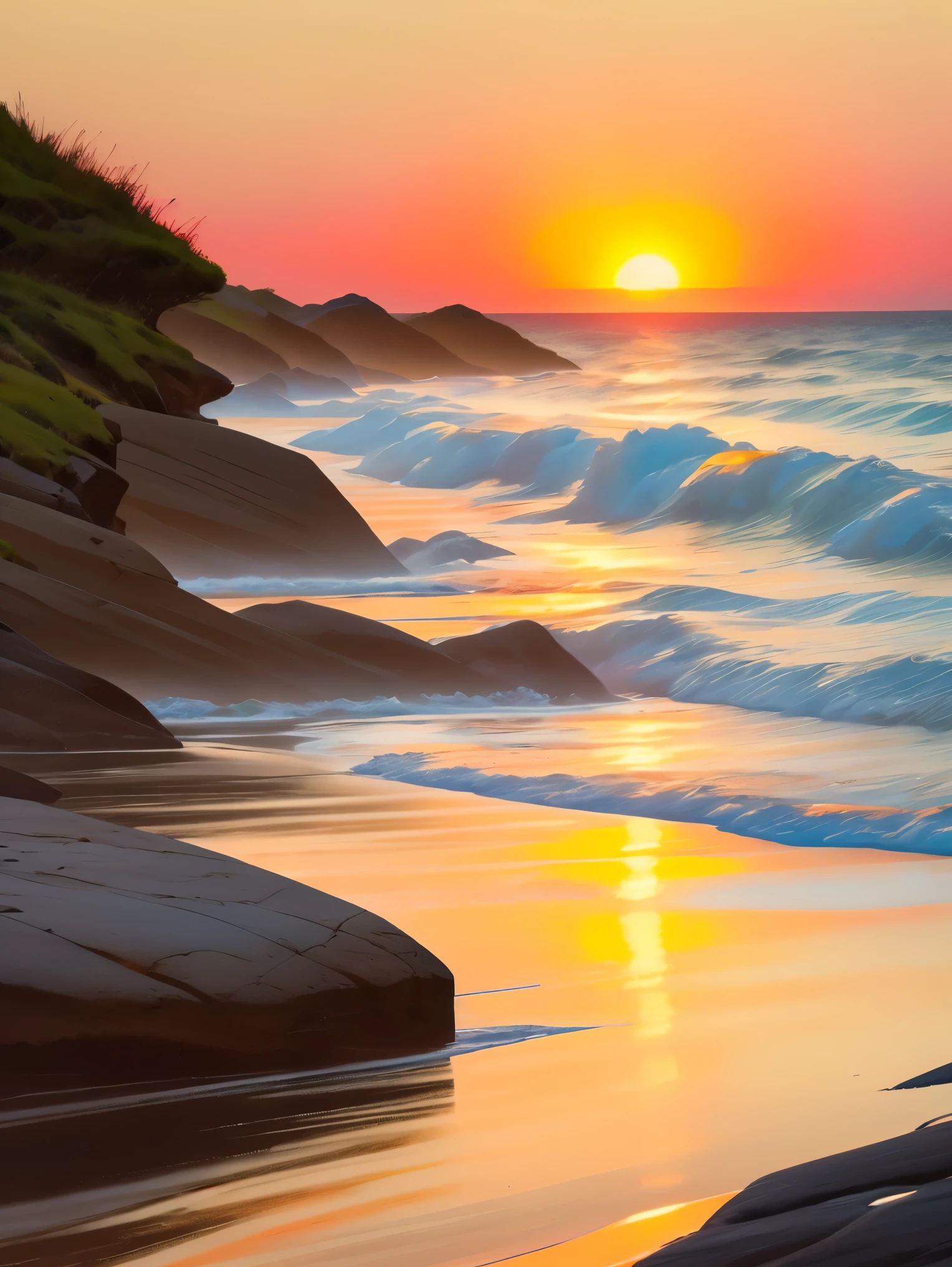 A stunning sunset scene over a tranquil beach, where the sun, partially covered by dark clouds, casts a deep orange and red glow across the sky. The clouds are tinged with warm hues of pink and crimson, creating a dramatic contrast against the fading blue of the evening sky. The sun reflects vividly on the gentle waves of the ocean, painting the water with shimmering shades of gold and orange. The shoreline curves gracefully, with soft sand illuminated by the warm light, while the distant horizon features a small rocky breakwater and a faint silhouette of an island. The scene conveys a serene yet powerful mood, enhanced by the rich colors and the calm yet flowing movement of the waves.
