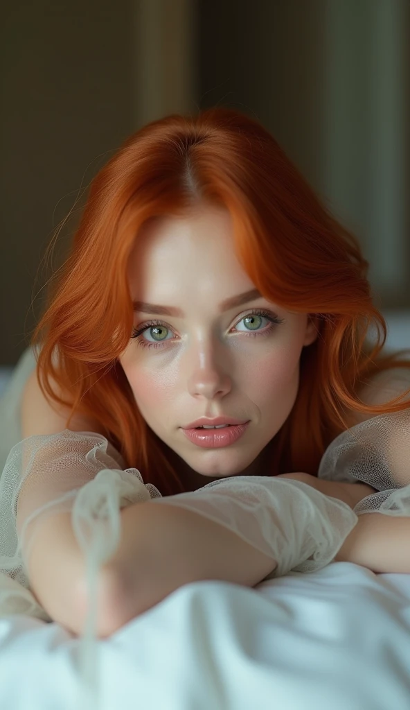 25 year old woman with copper hair, White skin, green eyes, Full frame, lies on the bed in the hotel, in a translucent cape , beautiful detailed eyes, beautiful detailed lips, extremely detailed eyes and face, long eyelashes, high quality, 8 thousand., hyperrealistic, photorealistic, physically based rendering, bright colors, studio lighting, complex parts