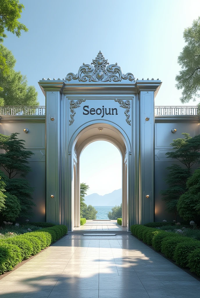 Create a silver villa with the words "Seojun" written in front of the house.