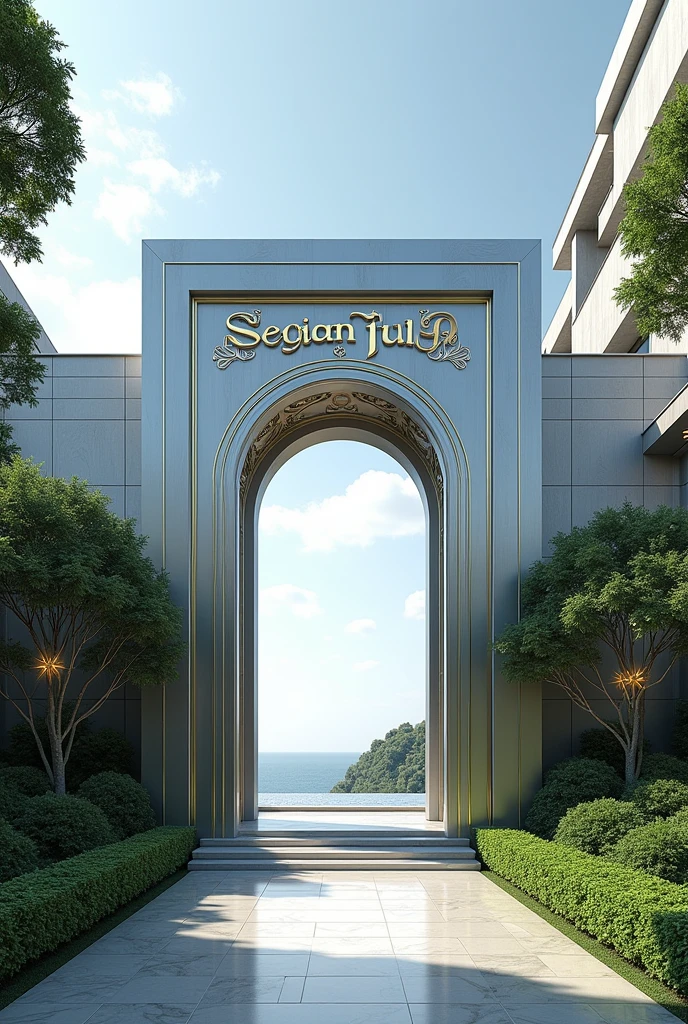 Create a silver villa with the words "Seojun" written in front of the house.