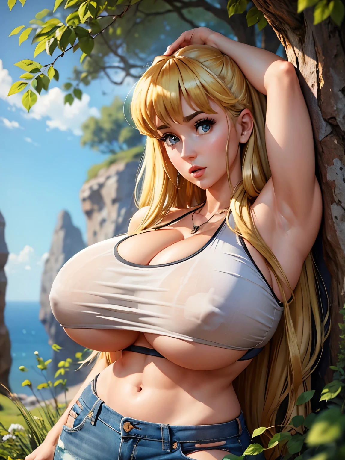 (masterpiece, Highest quality:1.2, 8k, Ultra-high resolution), (1girl), a character of Kochikame, (blonde, long hair), (Ultra Slim Waist, perfect slim model body style), ((crop top shirt, midriff:2.0, short jeans skirt)), ((((ultra huge breasts, ultra huge cleavages, ultra huge boobs, ultra huge tits)))), Detailed face, Detailed eyes, Beautiful Eyes, Perfect Eyes, Ultra-realistic & Highly detailed skin texture, (outdoors, cliff, grass, rocks, trees), (standing),