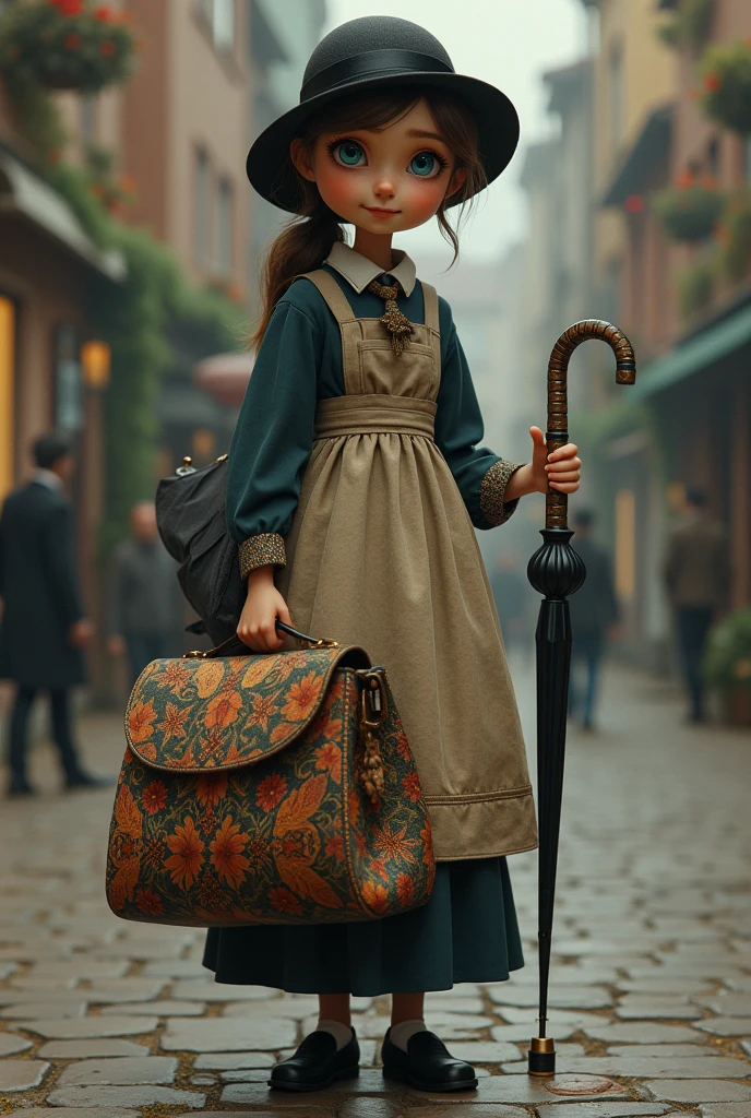 ((Best quality)), ((masterpiece)), (detailed), ((Best quality)), ((masterpiece)), (detailed), a young woman of unremarkable appearance (&quot;She was thin, with big hands and feet and tiny blue eyes, which, it seemed, &quot;They drill right through you&quot;). She is distinguished by her neatness and excellent manners., Mary Poppins&#39; shoes are always polished, the apron is starched, She smells like Sunshine soap and toast. The heroine&#39;s entire property consists of an umbrella and a large carpet. (tapestry) bags. with a black hat on his head, cheerful flies on a black umbrella-cane, 3d, 4k