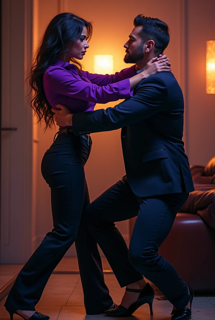 Beautiful Mistress, wearing purple boot-cut pants, wearing purple blouse ,wearing black sandals, handsome man, man wearing suit, mistress fighting with man, mistress punching man,  mistress beats man,  femdom 
