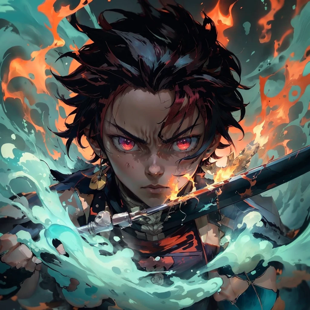 anime character with a sword in front of a fire and water background, cute guy in the art Demon Slayer, Demon Slayer art style, Demon Slayer rui fanart, badass anime 8 k, Demon Slayer, arte chave do anime, 4 k manga wallpaper, Kimetsu no yaiba, Anime Wallaper, anime epic artwork, Anime Art Wallpaper 8K, Arte do local