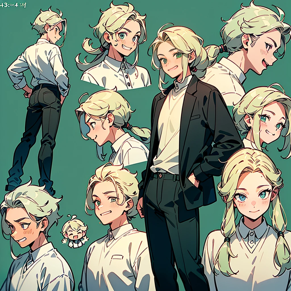 (30-year-old man、Handsome、male)、(((Smiling face, Smirking face, Big laughing face, smile, Happy face、Open your mouth))) (whiteTshirt、Green pants), ((Longer Hair、Different hair colors)) (((Detailed character sheet, From the back、Rear view, Side view, 3/4 Views)))
