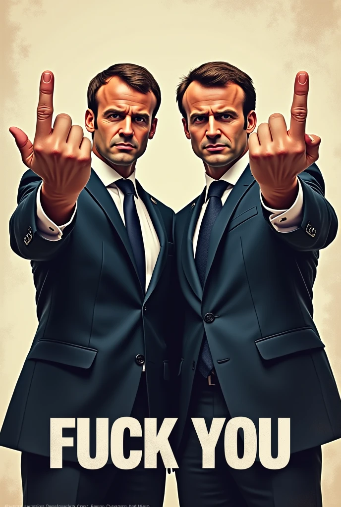 Emmanuel Macron and Grabriel Attal give the finger. En fond ecrire : " Fuck you"