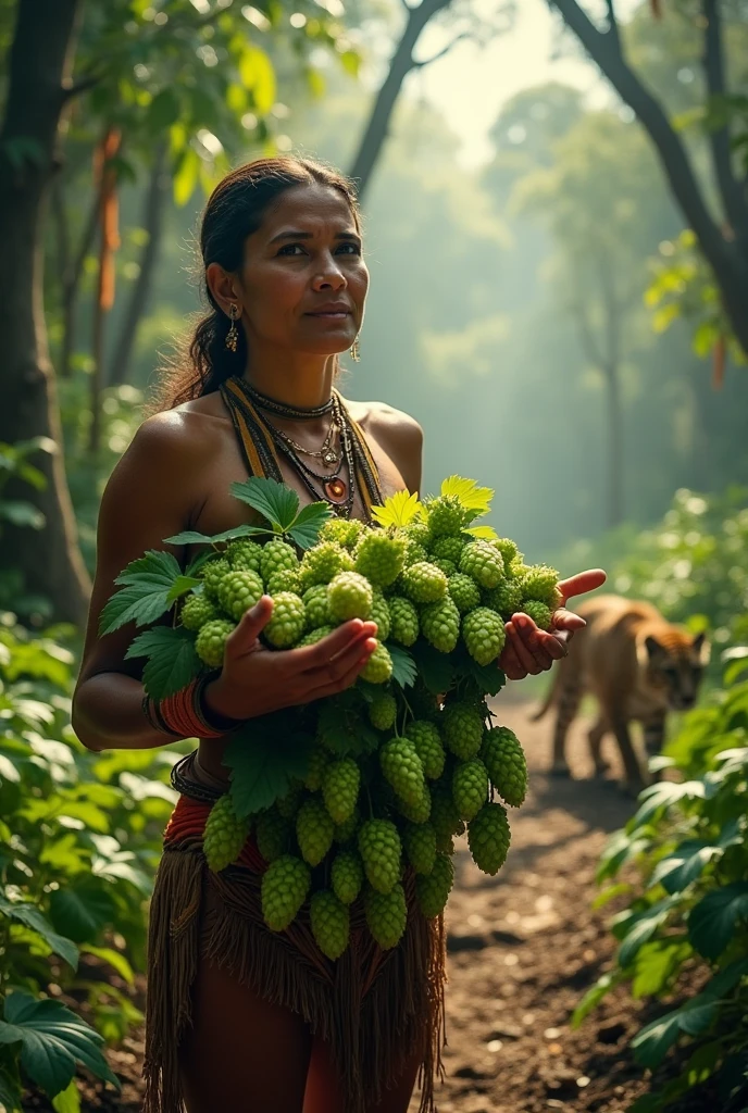 Hops in the hands of an indigenous person with jaguars 
