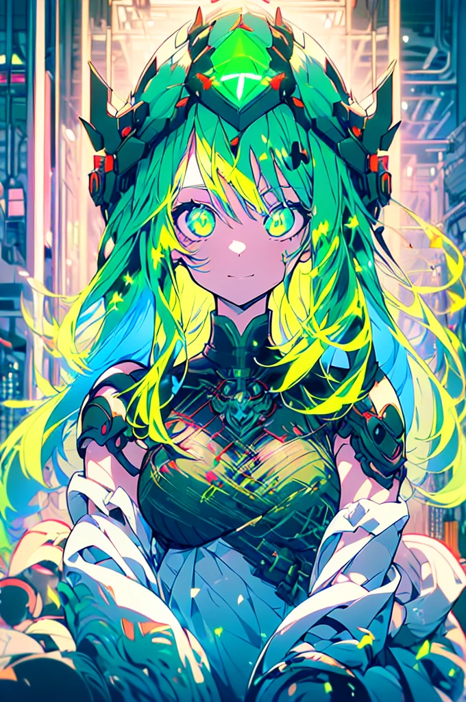 (((masterpiece))), (upper body), 1girl, solo, Green hair, long hair, Green eyes, (slant eyes), science fiction, (mecha musume:1.5), mechanical parts, headgear, doragon mechanical tails, ((mechanical Black dragon Armor)), Evil smile face, (((neon light green))), Anime style