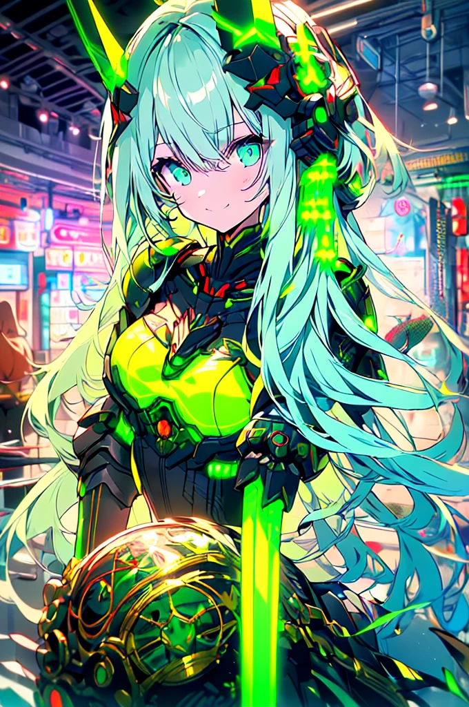 (((masterpiece))), (upper body), 1girl, solo, Green hair, long hair, Green eyes, (slant eyes), science fiction, (mecha musume:1.5), mechanical parts, headgear, doragon mechanical tails, ((mechanical Black dragon Armor)), Evil smile face, (((neon light green))), Anime style