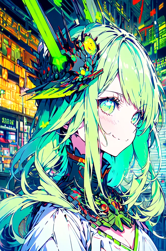 (((masterpiece))), (upper body), 1girl, solo, Green hair, long hair, Green eyes, (slant eyes), science fiction, (mecha musume:1.5), mechanical parts, headgear, doragon mechanical tails, ((mechanical Black dragon Armor)), Evil smile face, (((neon light green))), Anime style