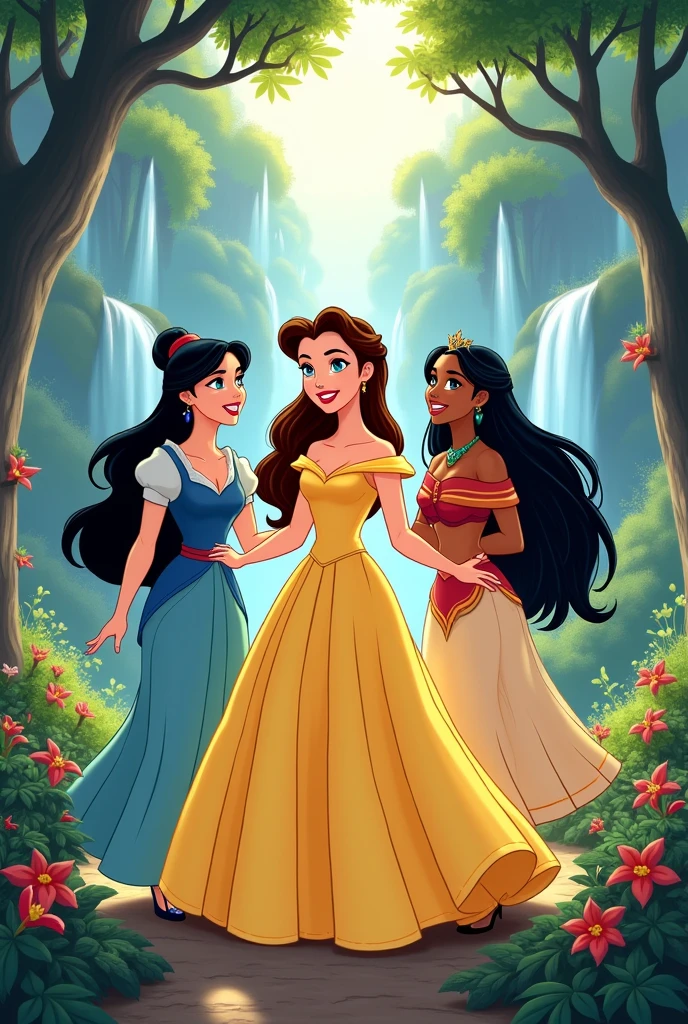 Make a picture that lookalike cartoon with princess mulan, princess belle and princess pocahontas