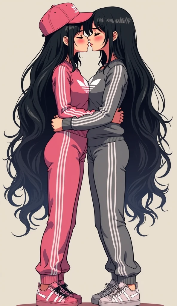Two young womens long black hairs, yuri
The first young women wear a pink adidas pants, pink cap, white socks, white adidas sneakers.
The second young women wore a grey adidas pants, grey cap, white socks, white adidas sneakers.
Japanese kiss, lesbian kiss, hugging, sensual body, closed eyes, novel cartoon, 4K, HD