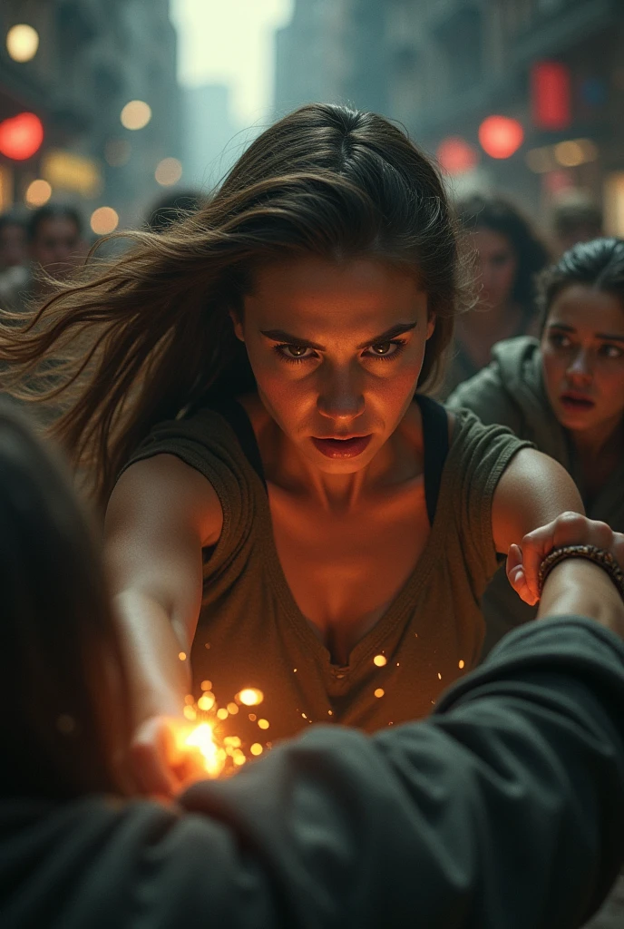 The young woman, her face fierce and determined, physically fights back against her attackers. The scene is intense and dynamic, with fast motion and powerful action shots. Her expression reflects both rage and empowerment. The background is a dark, urban environment, but her figure is illuminated as if by an inner light, symbolizing the divine strength of the goddesses. The attackers are shown in retreat, their expressions fearful and surprised.