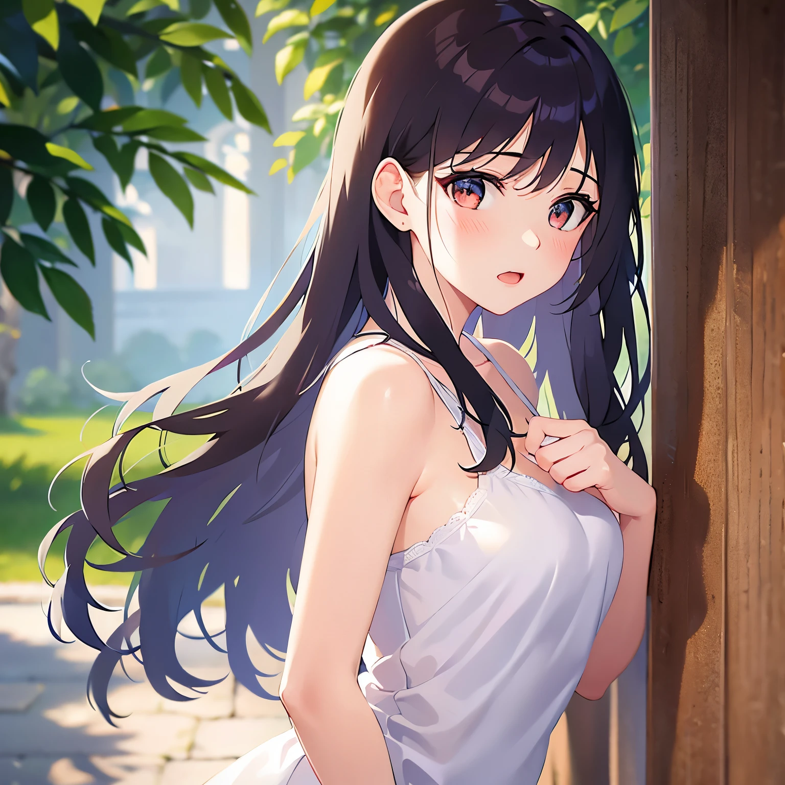 (looking at viewer:1.5)Upper Body, Side shot、 Realistic, real person, (pale skin: 1.2), RAW photo, photorealistic, shiny skin, shiny hair、(A 25-year-old woman with medium-length hair and bangs) and (wavy hair) and (brown hair) and (orange eyes) , White camisole dress、 (blush:1.5),open mouth,(alone:1.5),park