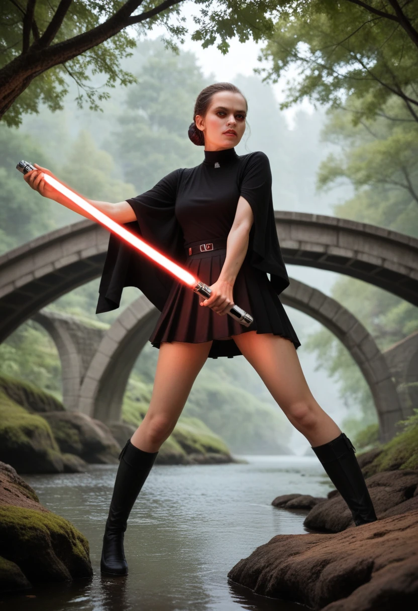 Sith Rey Skywalker, red eyes, holding a red lightsaber, wears a cleaveage dark blouse, and a mini blue skirt, standing in hanging wood bridge of over a river, dinamic pose, ready to fight, behind there is a robot, orgasm face, upskirt
