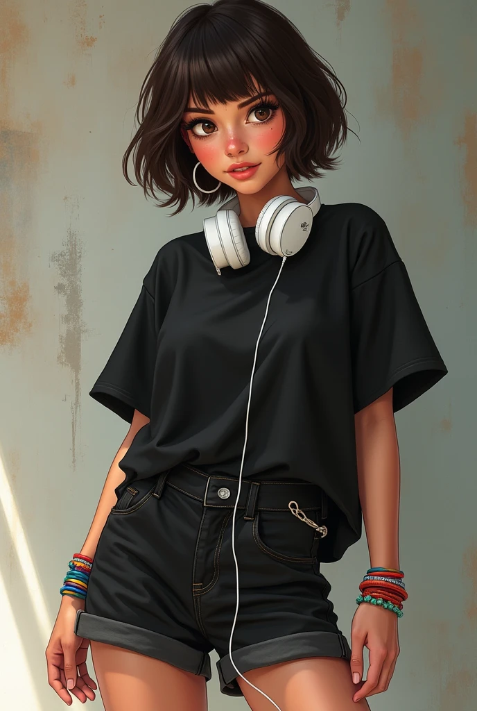 A girl with brown hair with a short wolf cut dark brown eyes baggy black clothes black denim shorts and a baggy t-shirt white Nike sneakers slightly rosy cheeks and a beauty grin on her cheek colorful Brazilian bracelets on her wrist white tanned black headphones around her neck realistic style a black belt hair that hides the sides of her face a little
