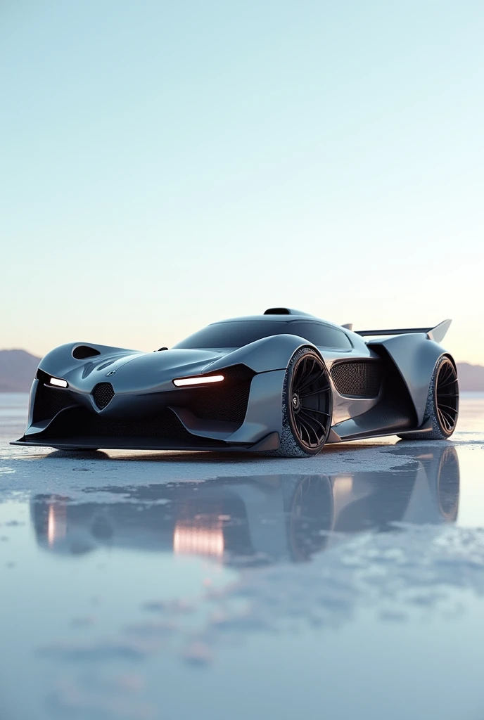 A hyper unreal cyber super car, made of latest technology materials with black rubber pipes on the sides for turbo air ingine, made to cross the enormous salt flats. made on zbrush hyper detailed, artstation inspired 8k uhd