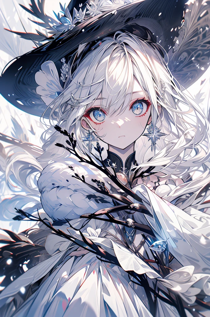 Exquisite facial features，Wearing a Western-style White Wedding Dress，Hollow Eyes，Delicate silver hat and earrings，Long black hair，light snow falling，Tree Branch，Forest Background，Adorable