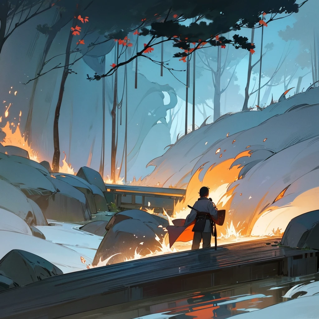 Background: The setting should be dramatic, such as a battlefield, a traditional Japanese shrine, or a landscape that represents their element (like a burning forest for a Flame Hashira or a serene waterfall for a Water Hashira)."