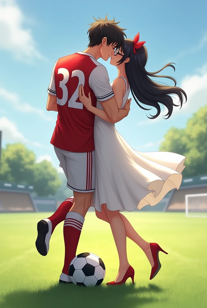 A man pick up woman and her legs wrapped around man s waist and kissing eachother .man and woman standing in a football field ground .man is wearing red and white 32 no sports jersey. Girl is wearing long white dress and glasses. She has black hair and wearing high heel. Man is one foot standing on soccer ball . Girl hand in man s arm and man s hand on her ass also add cute bow in her hair