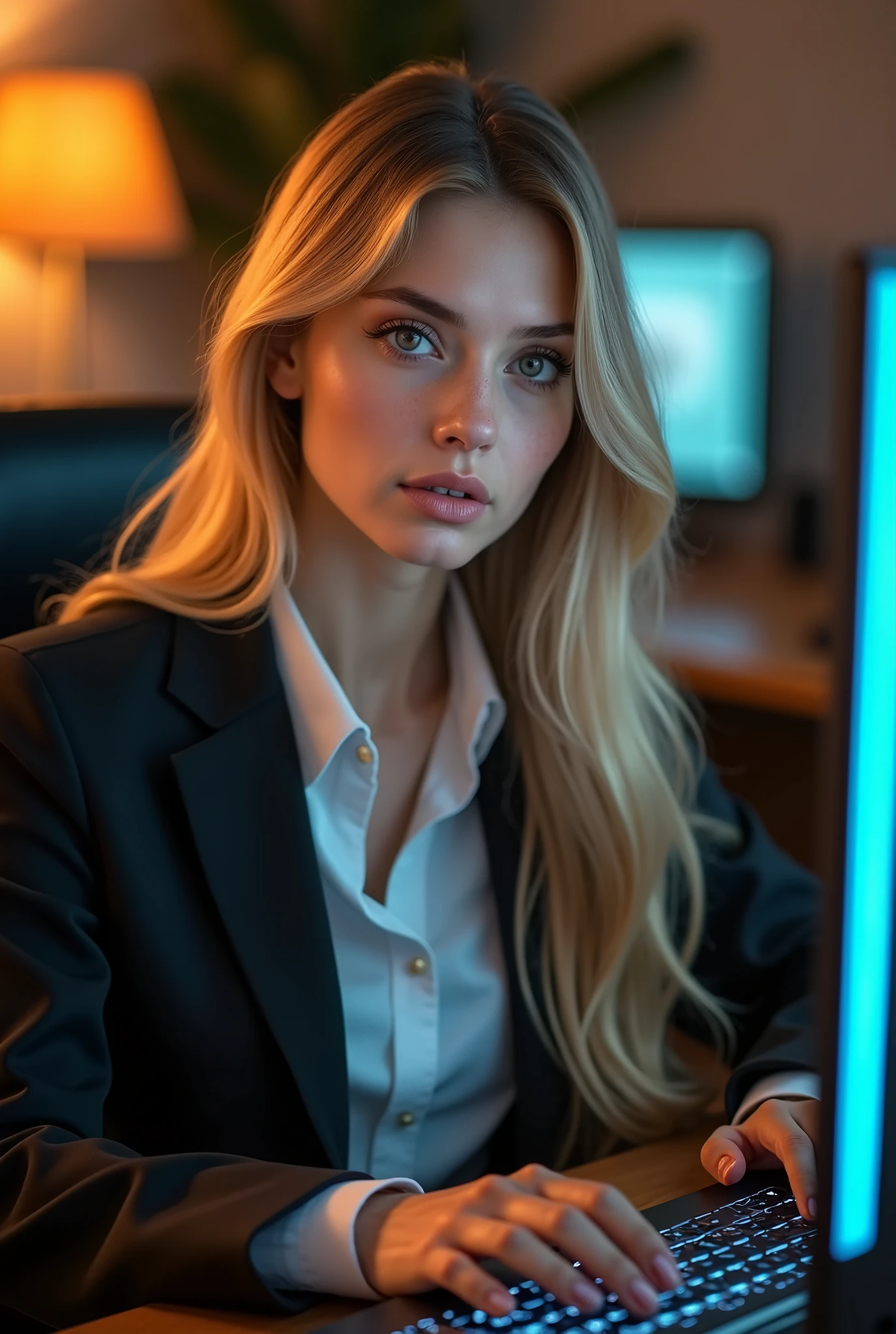 a beautiful girl with long blonde hair, detailed eyes, nose, and lips, wearing professional outfit, siting in her office, using her computer, hp comuter (best quality,4k,8k,highres,masterpiece:1.2),ultra-detailed,(realistic,photorealistic,photo-realistic:1.37),HDR,studio lighting,extremely detailed face and body, portrait,cinematic lighting,dramatic lighting,warm color tones,dramatic colors