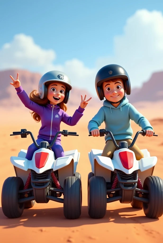 Pixar image with a very young couple, the woman on a military ATV and the man next to the woman on another different ATV, white with red. In the background you can see a desert. The woman with a helmet on her head and the man with a black helmet on his head. The woman with a purple jacket and purple pants making a two with her fingers with her right hand and the man with his left hand making a two sign with his fingers. The man with a light blue sweatshirt and light brown jeans.