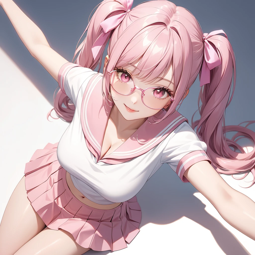 (8K, masutepiece, Best Quality, Official art, Breathtaking beauty and aesthetics, highly beautiful lighting, highly beautiful detailed), (1 Girl, Solo), (sixteen years old), (beautiful detailed face), (shiny white skin), (Beautiful big bust, cleavage, thighs, navel focus:1.3), (beautiful detailed pink twin tails hair, Bangs:1.3), (beautiful detailed drooping pink eyes:1.5), (pink glasses:1.3), (high school uniform:1.3), (patsel pink sailor collar, white short sleeves short length outing shirt, pastel pink pleated skirt, patsel pink ribbon:1.3), (happy smile:1.2), (Attractive, sensational, look at the camera, cute pose, lying, lie on her back, from above:1.3), (simple white plain background:1.5),