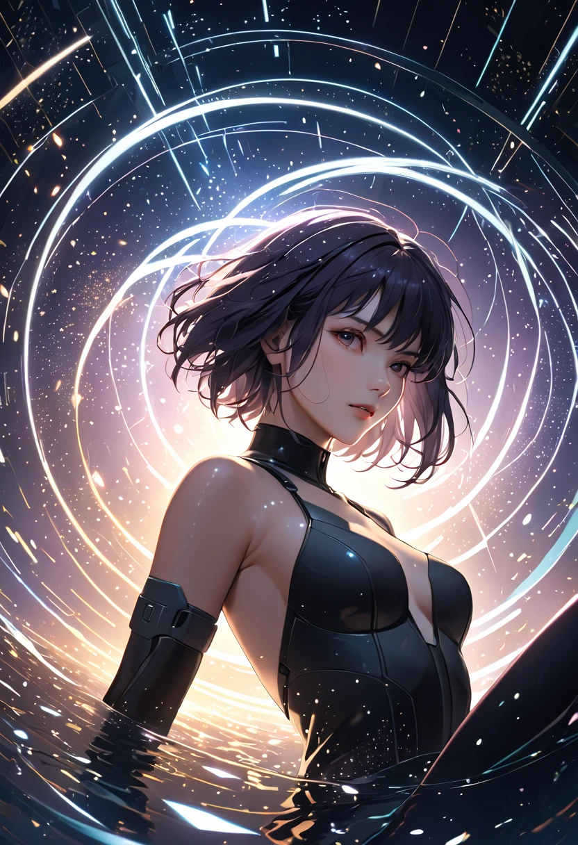 (masterpiece, best quality:1.1), (ultra highres, ultra-detailed:1.2),Motoko Kusanagi from "Ghost in the Shell" is floating in electronic space, bob-cut hair,bungs,surrounded by light particles and shimmering silver sparks that form an ethereal glowing, The atmosphere is mysterious with soft lighting creating a magical ambiance. Digital illustration. 