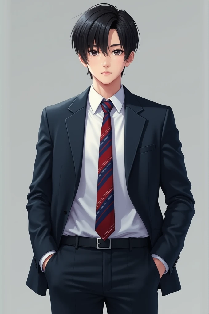 full body image. short black haired male student wearing white shirt, dark blue blazer, red blue tie, black trousers.