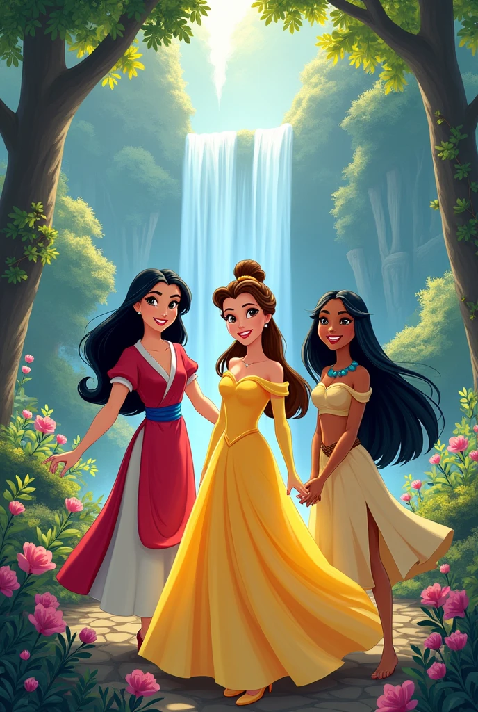 Make a picture that lookalike cartoon with princess mulan, princess belle and princess pocahontas