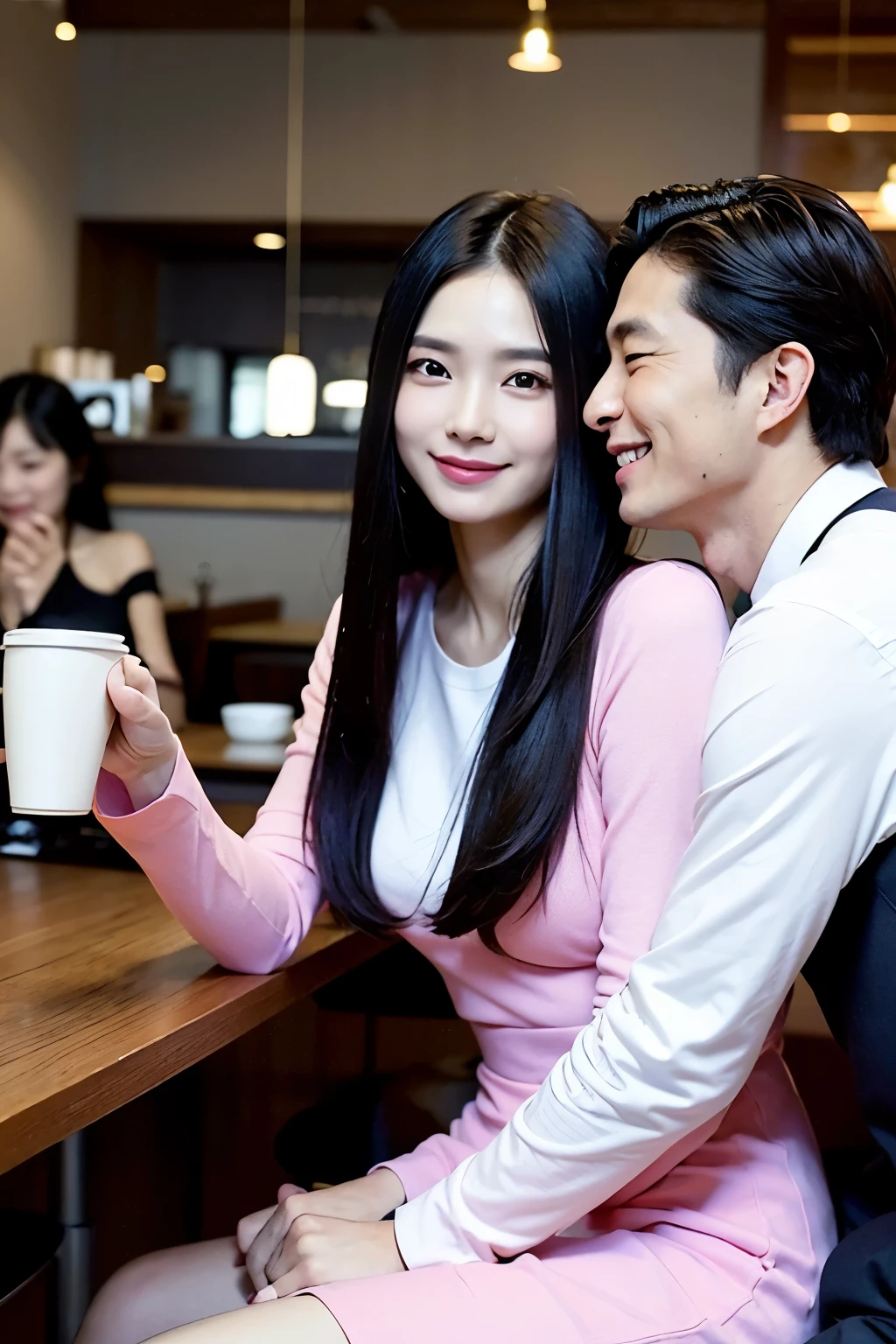 30Old model male and female、Sitting across from each other、Backlight、Woman with long black hair、Smiling man and woman、Two people looking at each other across the desk、Drinking coffee at a coffee shop in town、A man in a white shirt、A woman wearing a pink long-sleeved dress、Short-haired man