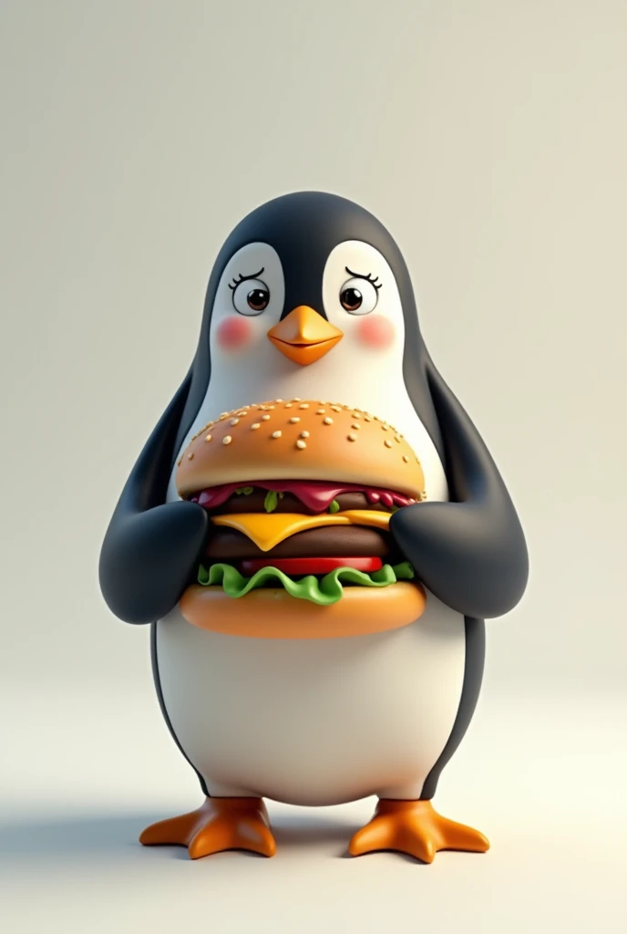 A penguin holding a hamburger