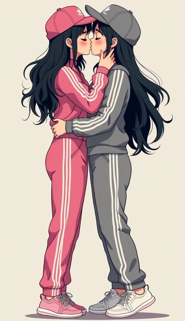 Two girls long black hairs, yuri, girl love

The first girl wear a pink adidas pants, pink adidas cap, white socks, pink adidas sneakers.

The second girl wear a grey adidas pants, grey adidas cap, white socks, white adidas sneakers.

French kiss, lesbian kiss, hugging, sensual body, closed eyes, novel cartoon, 4K, HD