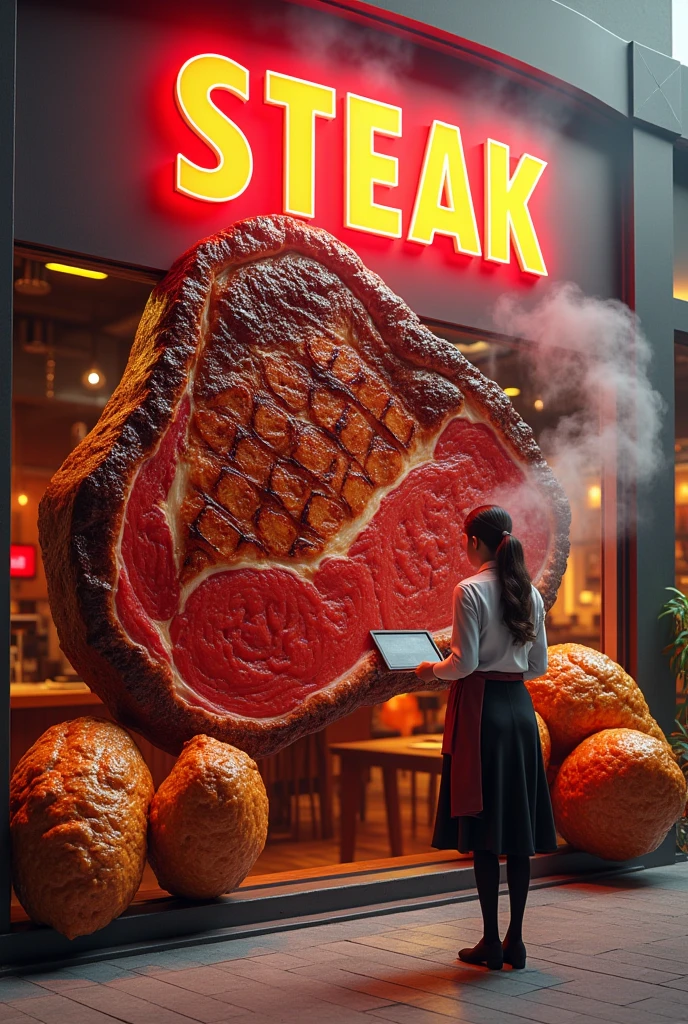 the facade of Sherman Way depicts a 3D steak, with well-detailed, 3D grilled chicken, a three-dimensional logo made entirely of transparent billowing smoke, bright colors that explode with their shape, conceptual art, 3D rendering, photography, cinematography, poster, typography, an interesting angle of abstraction, golden brown crust steak, Francesco Raibolini, veined steak, two smoky chicken wings, beautiful waitress, signboard, smooth curved design