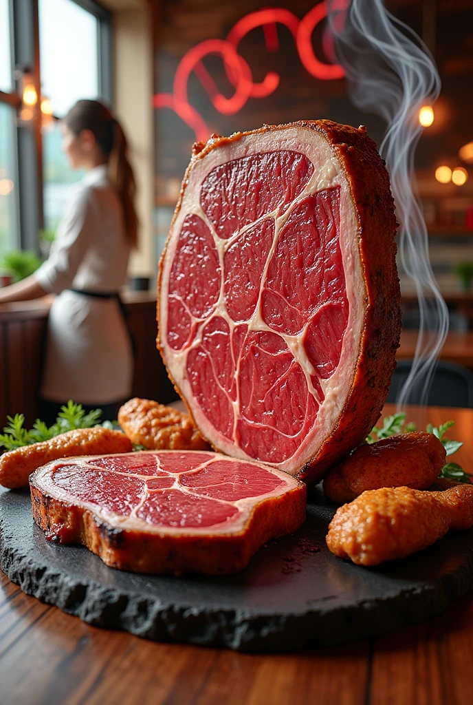 the facade of Sherman Way depicts a 3D steak, with well-detailed, 3D grilled chicken, a three-dimensional logo made entirely of transparent billowing smoke, bright colors that explode with their shape, conceptual art, 3D rendering, photography, cinematography, poster, typography, an interesting angle of abstraction, golden brown crust steak, Francesco Raibolini, veined steak, two smoky chicken wings, beautiful waitress, signboard, smooth curved design