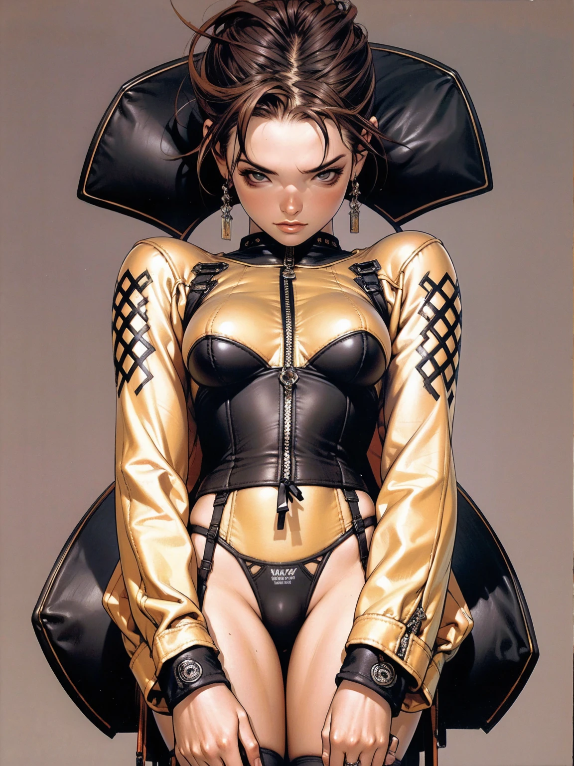 (((from bottom to top view))), (((perfect proportions))), (((best final quality))). A 20-year-old female biker nearly naked in Simon Bisley style for the cover of Heavy Metal magazine, Long dark hair, Minimal clothing, short clothing, (((Biker suit))), perfect body with slim waist and model body measurements, (((Kate Moss))), (((wide garter belt and stockings 3/4))), red and black large checkered pattern corset