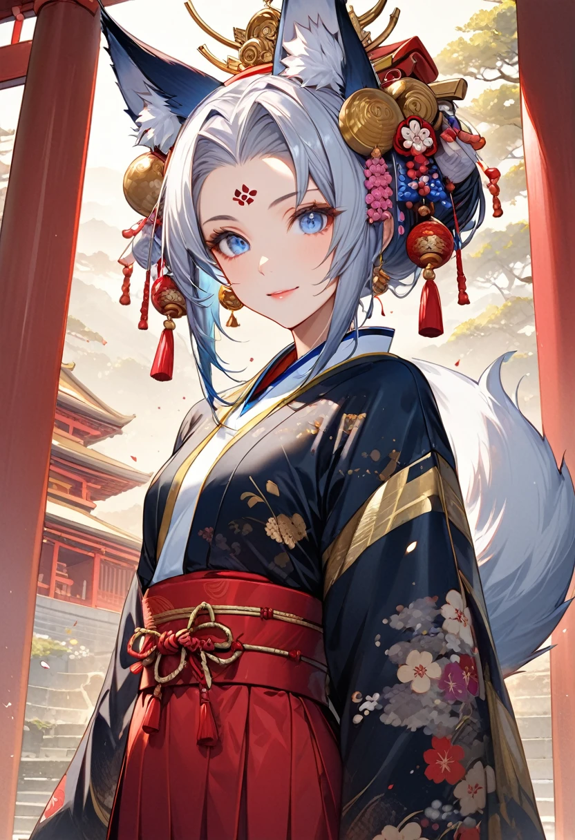 Ink painting, (((1 girl))), (((Tattoo in the middle of the forehead))),(((In the background is the Akatsuki moon))), (((Oiran))), (((Great hair accessories))), Demon possession, ((Masterpiece:1.2)), ((Highest quality)), Extremely detailed and delicate illustration style, Detailed leather texture, Detailed canvas texture, Very detailed description, (Masterpiece T), Extremely beautiful illustration, Highly detailed face, Raw image, professional, Ultra-high resolution panel, Complex details, Superior detail, Intricate decoration details, Perfect anatomy, real, (A very beautiful and kind silver fox woman or girl with blue eyes wearing a kimono), ((Beautiful silver fox ears)), (Beautiful silver fox tail), (Beautiful and shiny silver hair), (Beautiful and clear blue eyes), (Beautiful detailed eyes:1.6), ((Japanese temple priestess style: 1.7)), (Traditional tailored outfit), Front view, White flower kimono, Long red hakama skirt, A maxi skirt, Modestly dressed, He smiles, ((Standing and looking at me)), ((The day)), (Extremely detailed and beautiful Japanese temple construction), (8K Highest quality wallpaper), (Extremely detailed and delicate background)