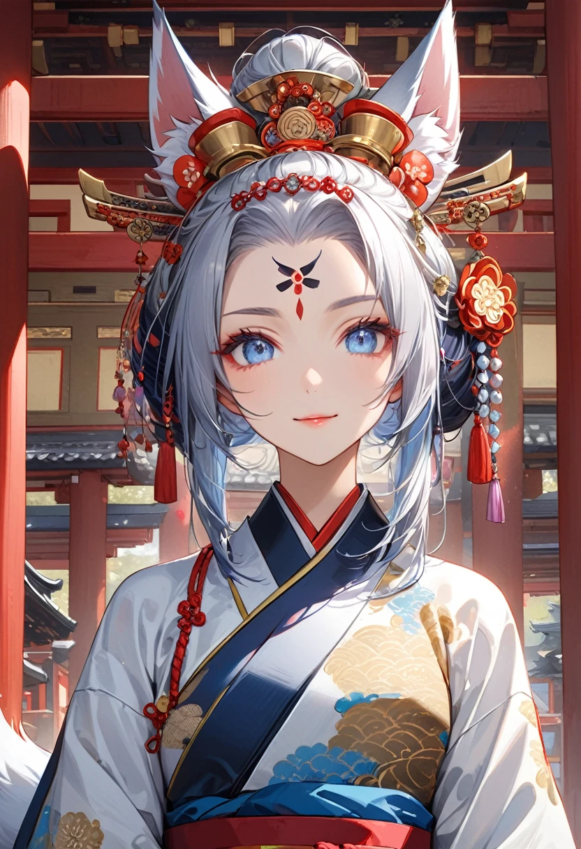 Ink painting, (((1 girl))), (((Tattoo in the middle of the forehead))),(((In the background is the Akatsuki moon))), (((Oiran))), (((Great hair accessories))), Demon possession, ((Masterpiece:1.2)), ((Highest quality)), Extremely detailed and delicate illustration style, Detailed leather texture, Detailed canvas texture, Very detailed description, (Masterpiece T), Extremely beautiful illustration, Highly detailed face, Raw image, professional, Ultra-high resolution panel, Complex details, Superior detail, Intricate decoration details, Perfect anatomy, real, (A very beautiful and kind silver fox woman or girl with blue eyes wearing a kimono), ((Beautiful silver fox ears)), (Beautiful silver fox tail), (Beautiful and shiny silver hair), (Beautiful and clear blue eyes), (Beautiful detailed eyes:1.6), ((Japanese temple priestess style: 1.7)), (Traditional tailored outfit), Front view, White flower kimono, Long red hakama skirt, A maxi skirt, Modestly dressed, He smiles, ((Standing and looking at me)), ((The day)), (Extremely detailed and beautiful Japanese temple construction), (8K Highest quality wallpaper), (Extremely detailed and delicate background)