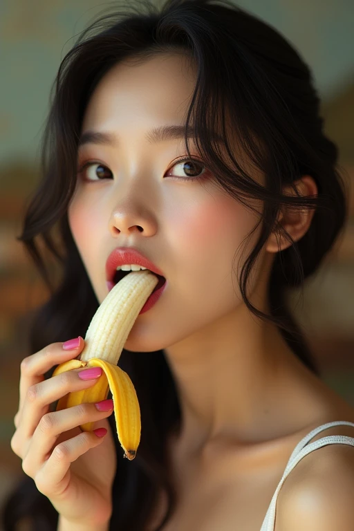A very beautiful Chinese woman in her 30s、Looking straight ahead、With an erotic and ecstatic look、Looks delicious、Eating a peeled banana with his mouth wide open。Background、Please recommend some famous tourist attractions in China。There are five fingers on one hand。9:In 16 sizes、Highest quality、A masterpiece please。