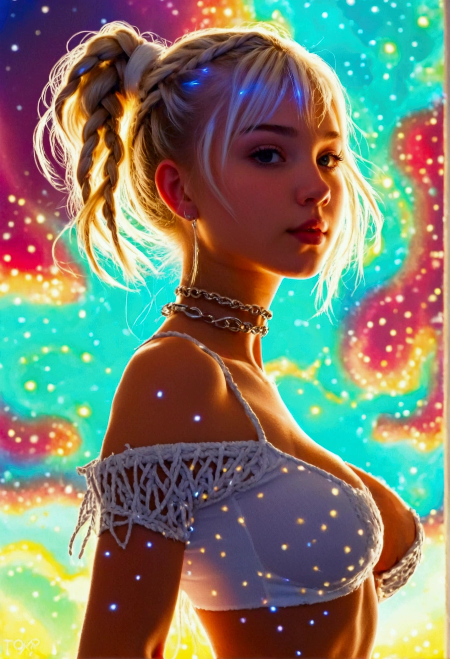 beautiful AMERICAN AGER, very sexy, new, short, white, blonde, 18 yo, muscled body, Breasts huge, PERFECT ASS, pert ass, Very slender waist, thick-thighs, short in stature, braids, bum,face perfect, high level of detail, steep nose, fine nose,rosto angelical, lots of props, necklase, wristbands, PIERCING, BRACELETE, light nipples, ovni at background