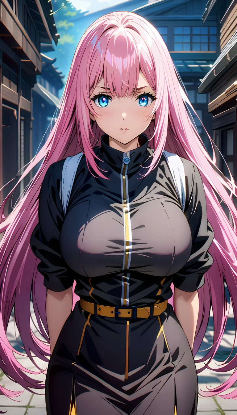 1girl,( very long pink hair),(Blue eyes),(Japanese school clothe),(Grab a gun and raise it forward)،(big breasts),(masterpiece:1.5), (8k details:1.3), (unlimited details:1.2), (best eyes:1.4), (ultra clothes details:1.3), (highly detailed background), (vibrant colors), (dynamic lighting), (realistic skin texture), (intricate patterns), (sharp focus), (full-body view), (natural poses), (expressive emotions), (cinematic composition),(anime style),(ultra details anime style:1.0)