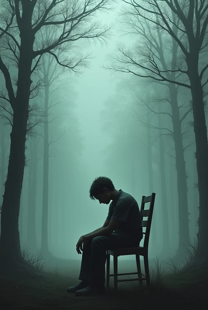 image of a very sad depressed person sitting in a chair looking at a forest on a calm and foggy day