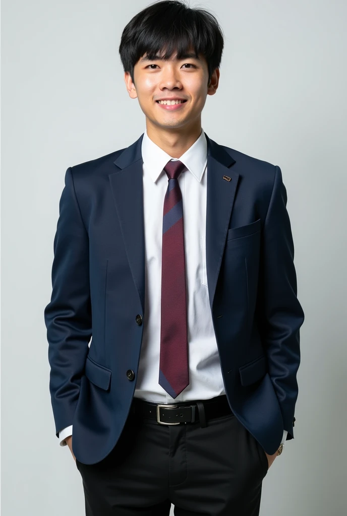full body image. short black haired male student wearing white shirt, dark blue blazer, red blue tie, black trousers.