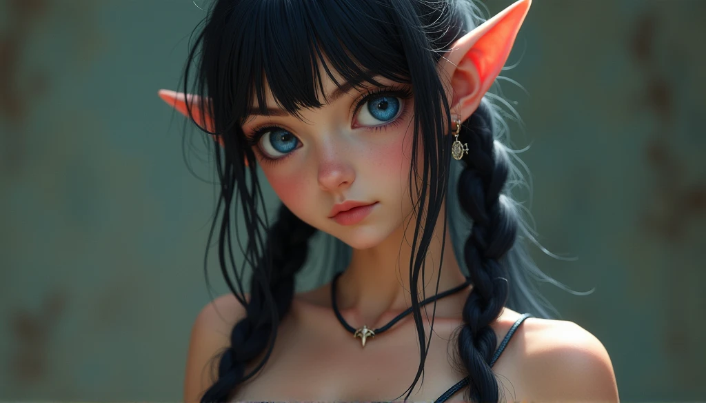 moody lighting, cute girl, (platinum blue hair), ((very long hair)), perfect face, innocent smile, (red eyes), (naked), (petite), (slender), ((tiny chest)), ((18 years old)), skindentation, extreme detail, attractive oval face, black lipstick, pink nipples, glossy skin, detailed hair, face focus, close-up chest, gold ornamental necklace, earrings, (1 girl), blush, embarrassed expression, elf ears,