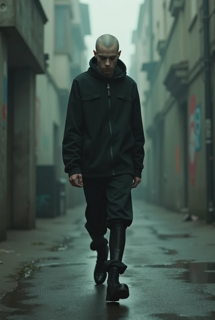 A low-slung bald emo walking backwards