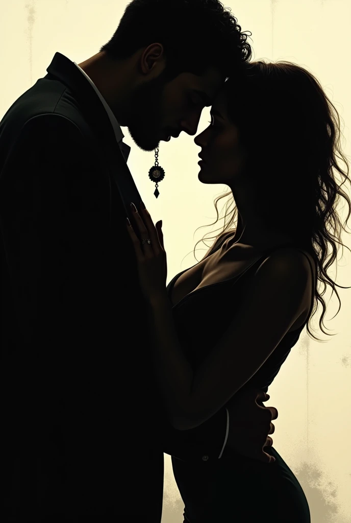 art guy and girl standing opposite each other. a guy pulls a girl by the pendant with his hand, which is located on her neck. their faces are not visible, silhouettes. Close plan.
