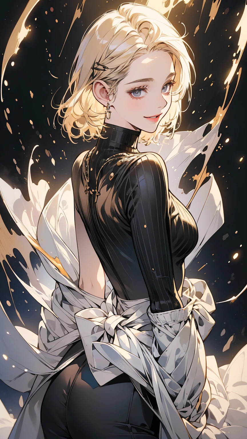 ((best quality)), ((masterpiece)), ((fantasy)), ((illustration)), (detailed), (clear), (Perfect), 1 woman, 3, beautiful, A calm smiling expression, short blonde hair with bangs, white skin, A face covered in blood, gray eyes, abundant eyelashes, pretty lips, big bust, small waist, Black turtleneck, black pants, The action of looking back, Brilliant light effect